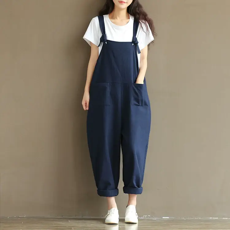 Women Retro Dark Blue Strap Casual Pants 1701 — feature 11