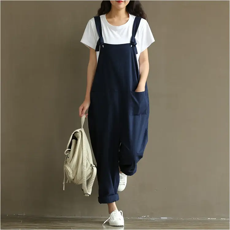 Women Retro Dark Blue Strap Casual Pants 1701 — feature 12