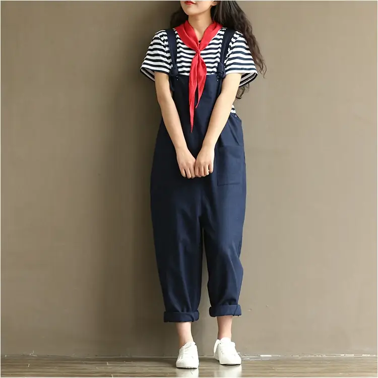 Women Retro Dark Blue Strap Casual Pants 1701 — feature 15