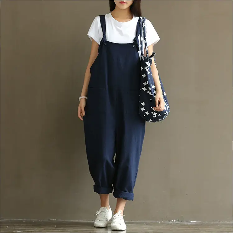 Women Retro Dark Blue Strap Casual Pants 1701 — feature 16