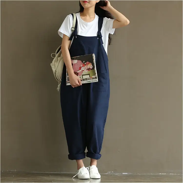 Women Retro Dark Blue Strap Casual Pants 1701 — feature 19