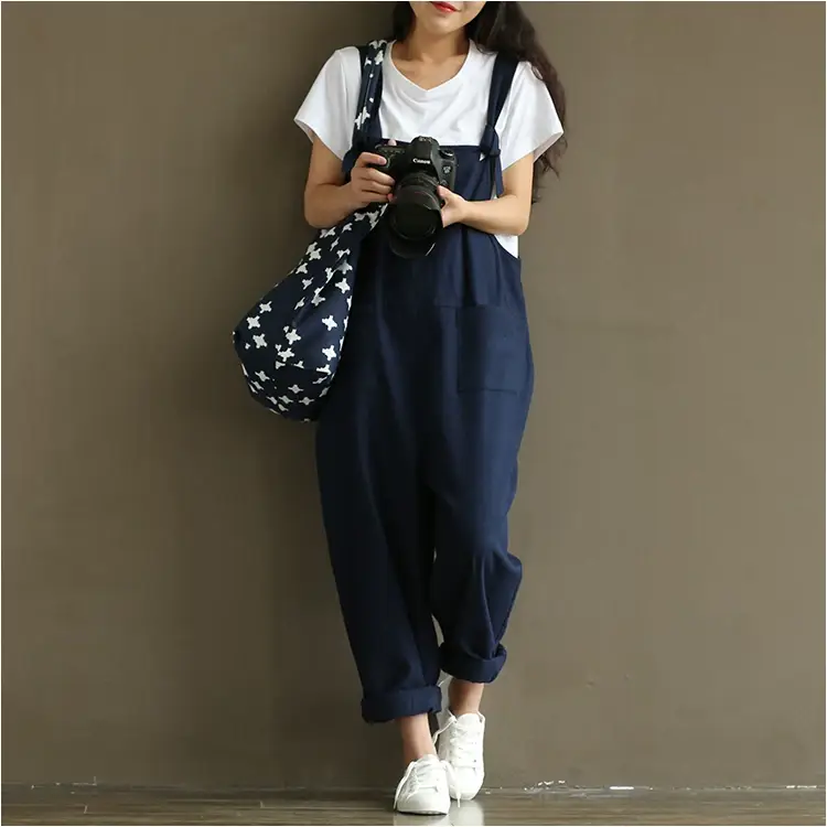 Women Retro Dark Blue Strap Casual Pants 1701 — feature 22