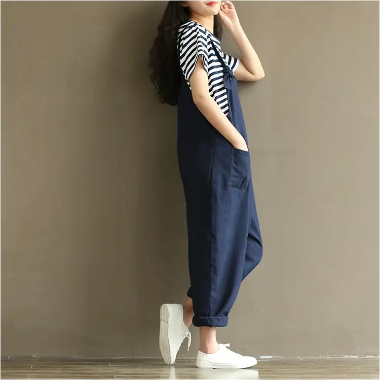 Women Retro Dark Blue Strap Casual Pants 1701 — feature 23