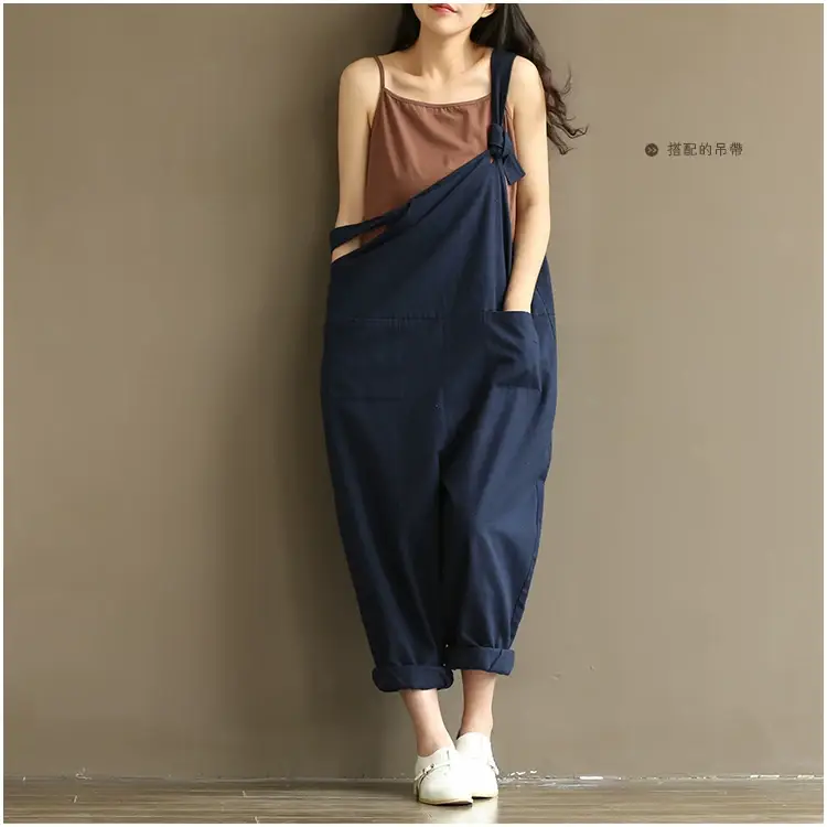 Women Retro Dark Blue Strap Casual Pants 1701 — feature 25
