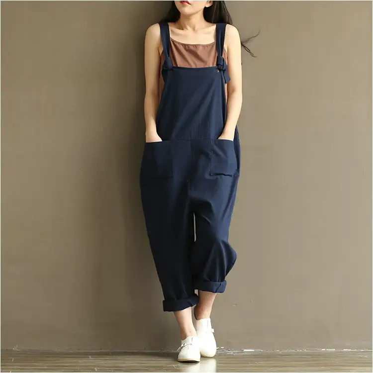 Women Retro Dark Blue Strap Casual Pants 1701 — feature 26