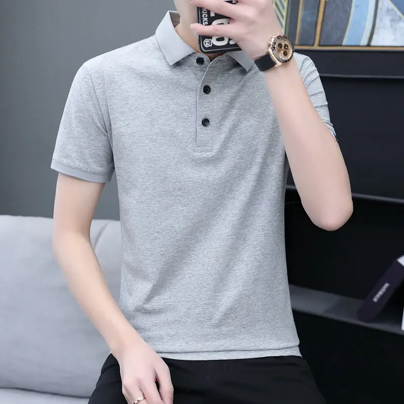 Men Pure Color Lapel Polo T-Shirt Summer Slim Fit - Image 2