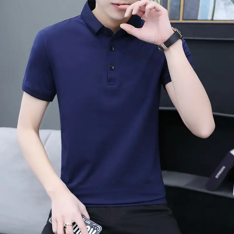 Men Pure Color Lapel Polo T-Shirt Summer Slim Fit - Image 4