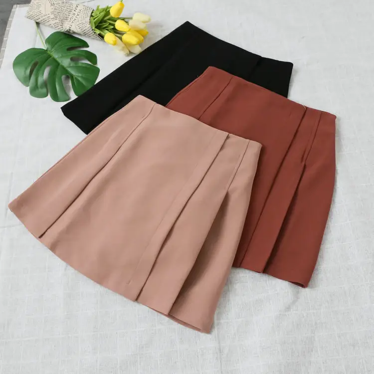 Women Pleated A Skirt Brown 2018 Spring Summer