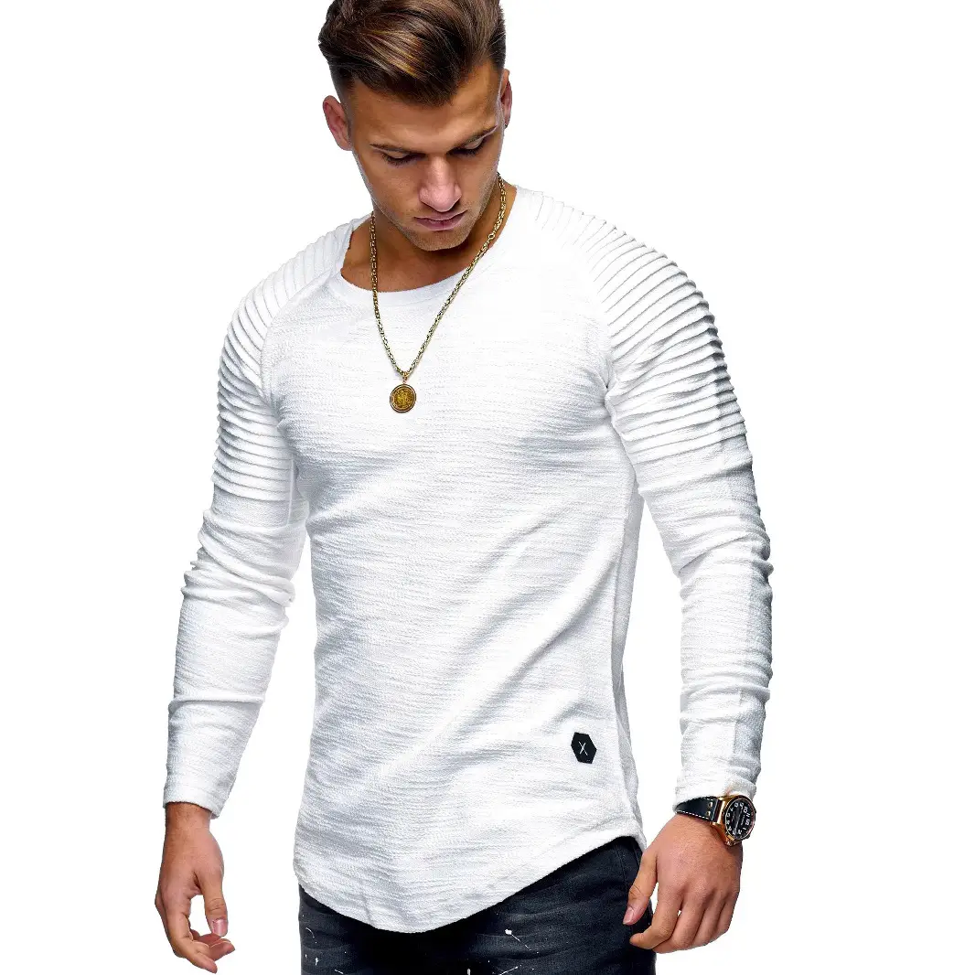Men's White Striped Long Sleeve T-Shirt with Raglan Sleeve