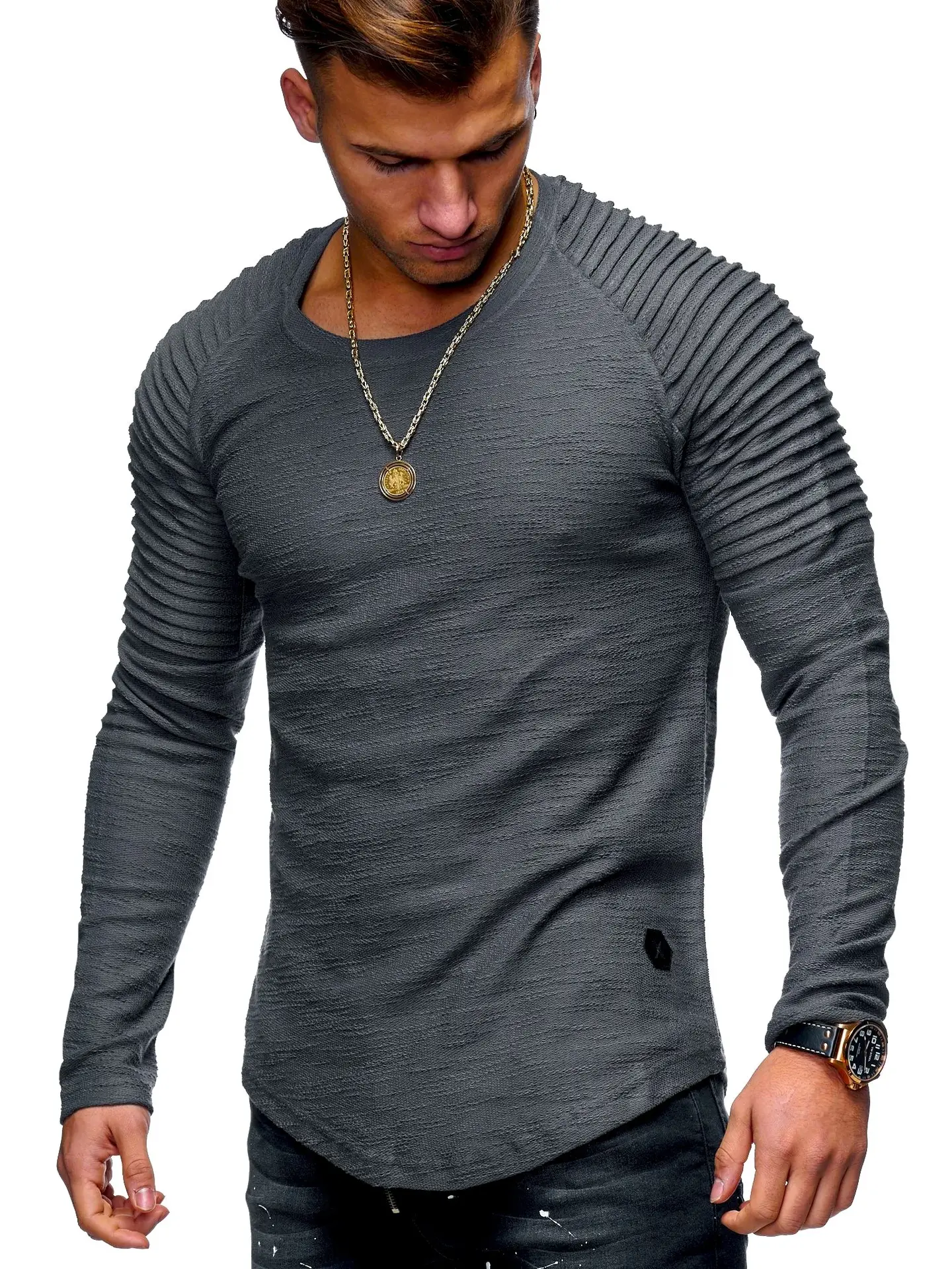 Men's White Striped Long Sleeve T-Shirt with Raglan Sleeve