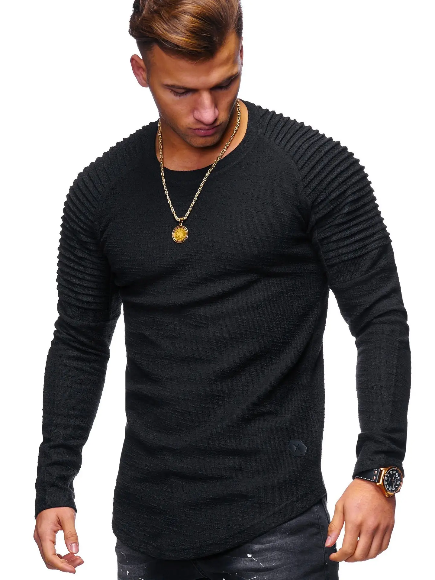Men's White Striped Long Sleeve T-Shirt with Raglan Sleeve