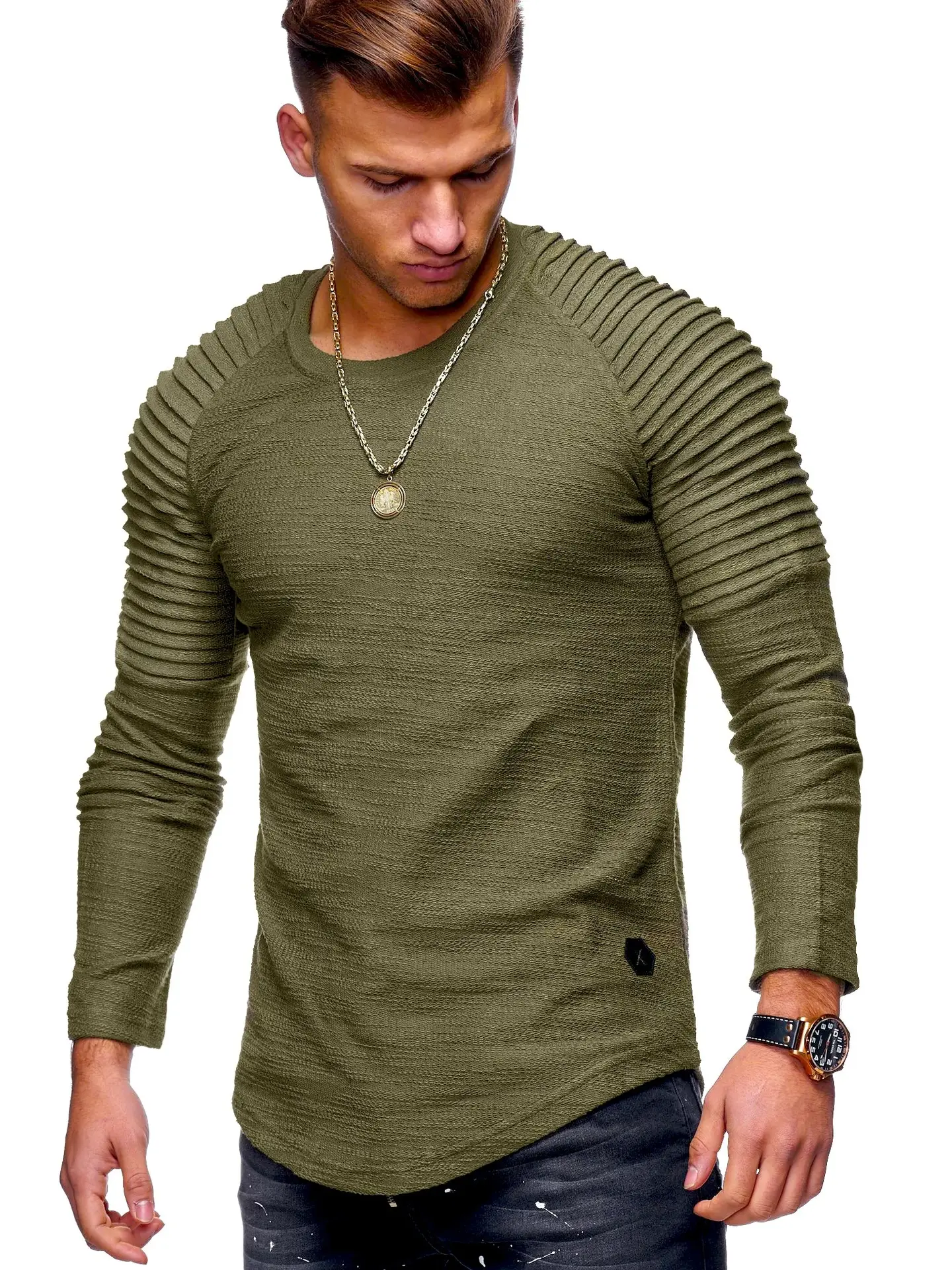 Men's White Striped Long Sleeve T-Shirt with Raglan Sleeve