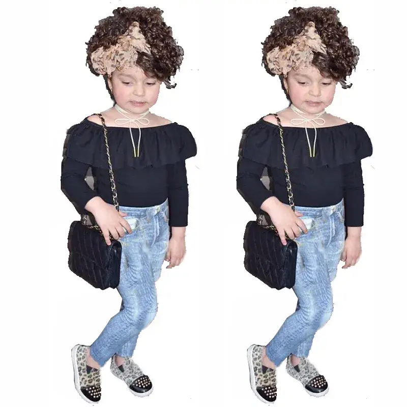 Girls Off-Shoulder Top Set Black Casual Wear