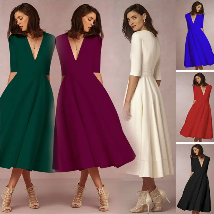 New Autumn Deep V Mid Sleeve Dress Green