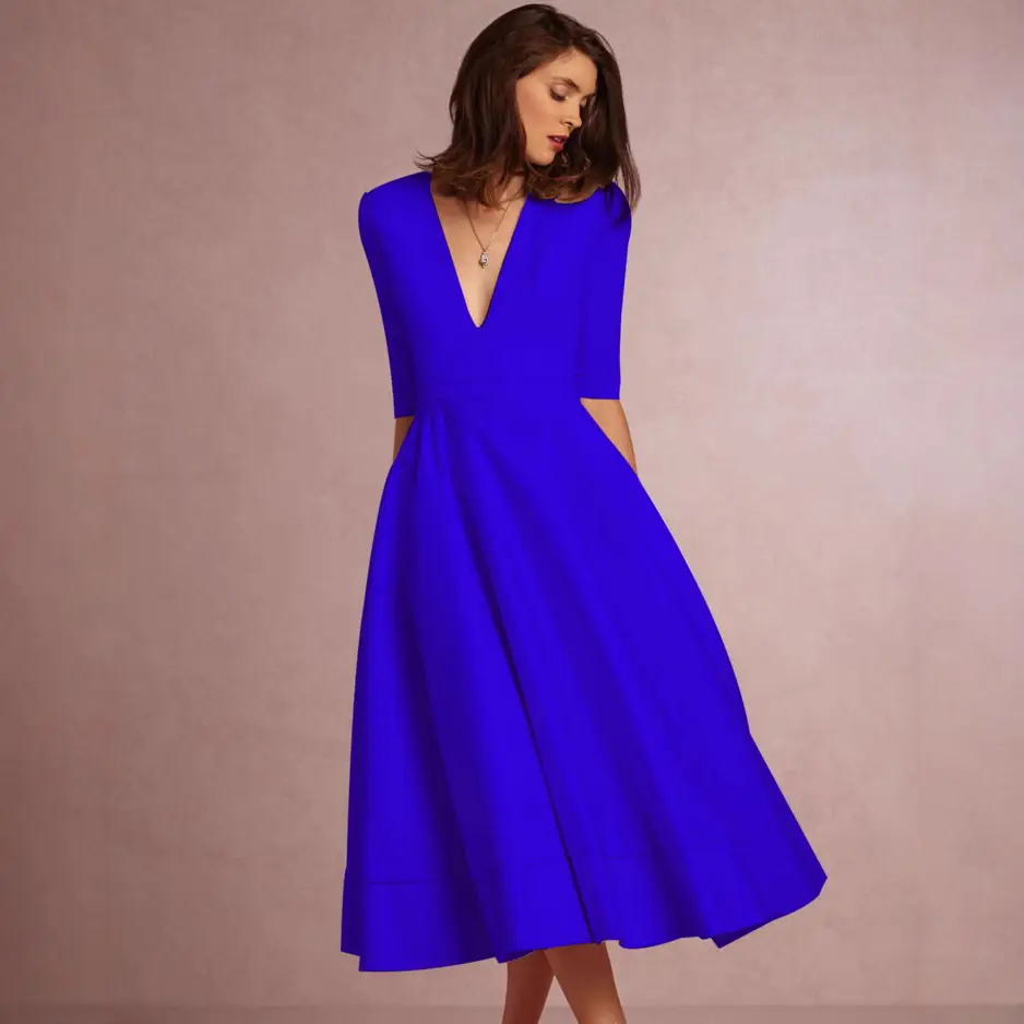 New Autumn Deep V Mid Sleeve Dress Green