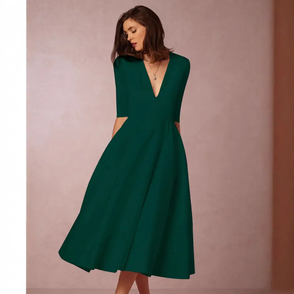 New Autumn Deep V Mid Sleeve Dress Green