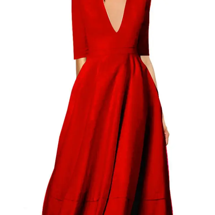 New Autumn Deep V Mid Sleeve Dress Green