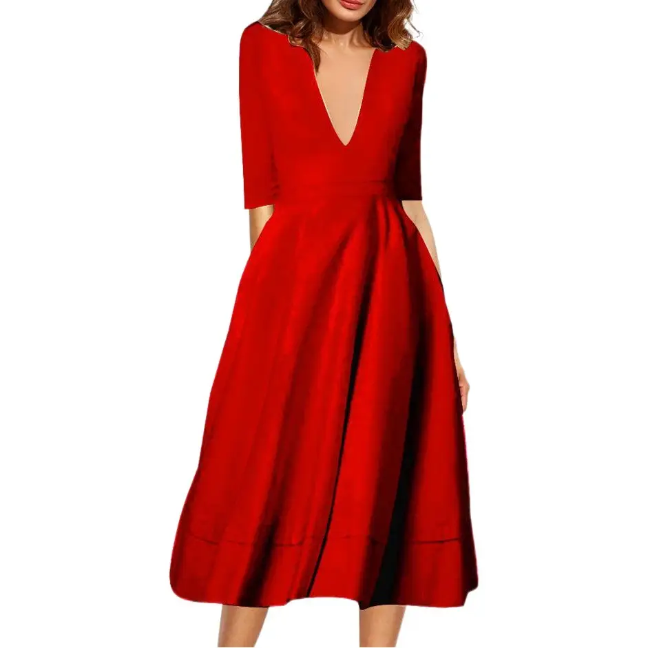 New Autumn Deep V Mid Sleeve Dress Green