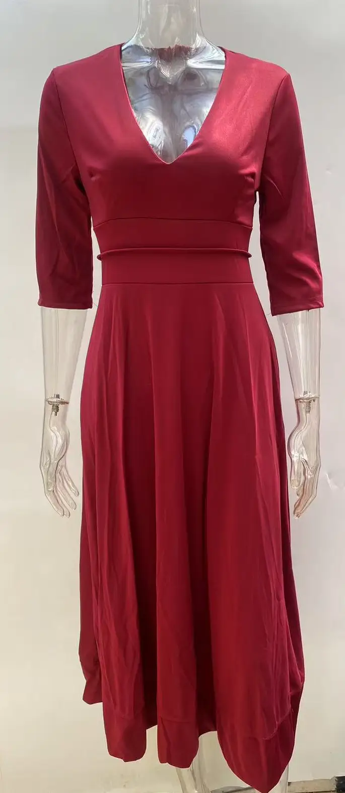 New Autumn Deep V Mid Sleeve Dress Green