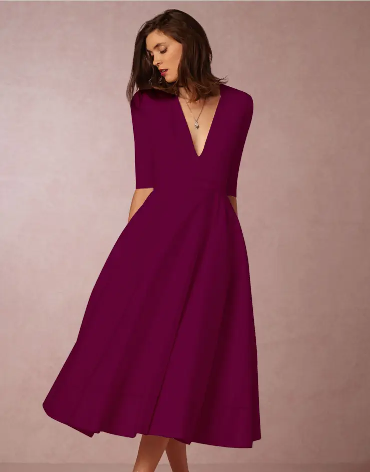 New Autumn Deep V Mid Sleeve Dress Green