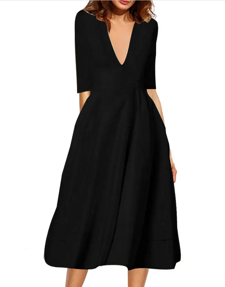 New Autumn Deep V Mid Sleeve Dress Green
