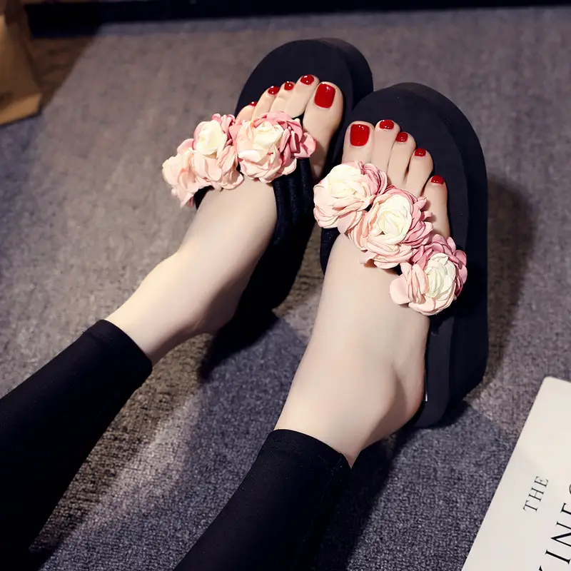 Women's Blue Floral Flower Sandals Summer Flip Flops