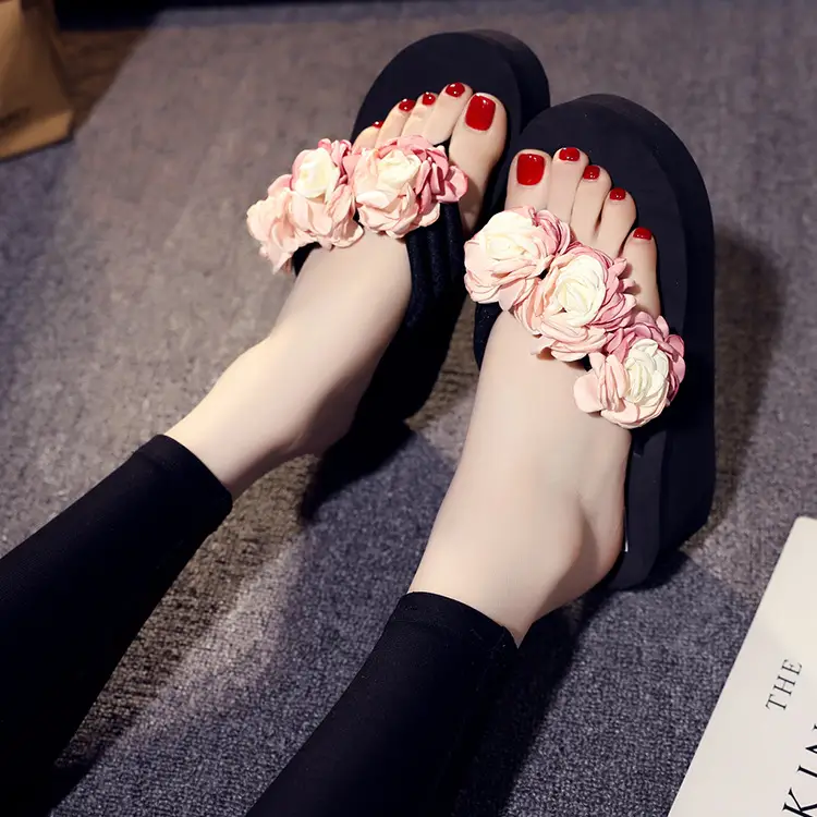 Women's Blue Floral Flower Sandals Summer Flip Flops