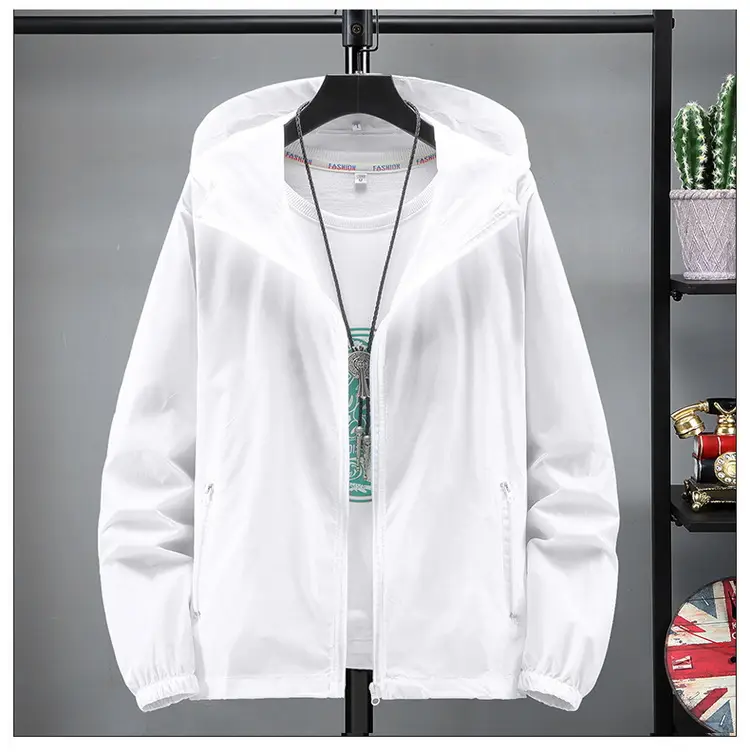 Men's White Full Zip Hoodie Spring Summer Windproof - Image 14