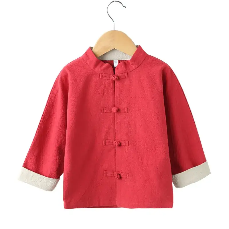 Red Chinese Style Boys Hanfu Suit Cotton Linen