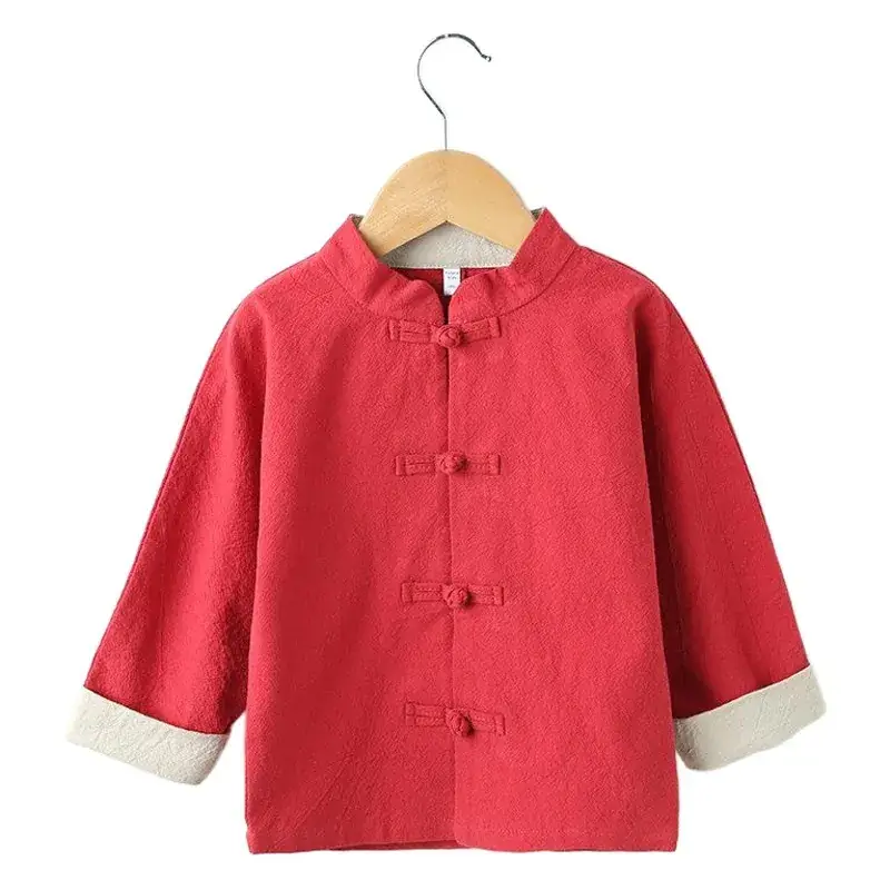 Red Chinese Style Boys Hanfu Suit Cotton Linen