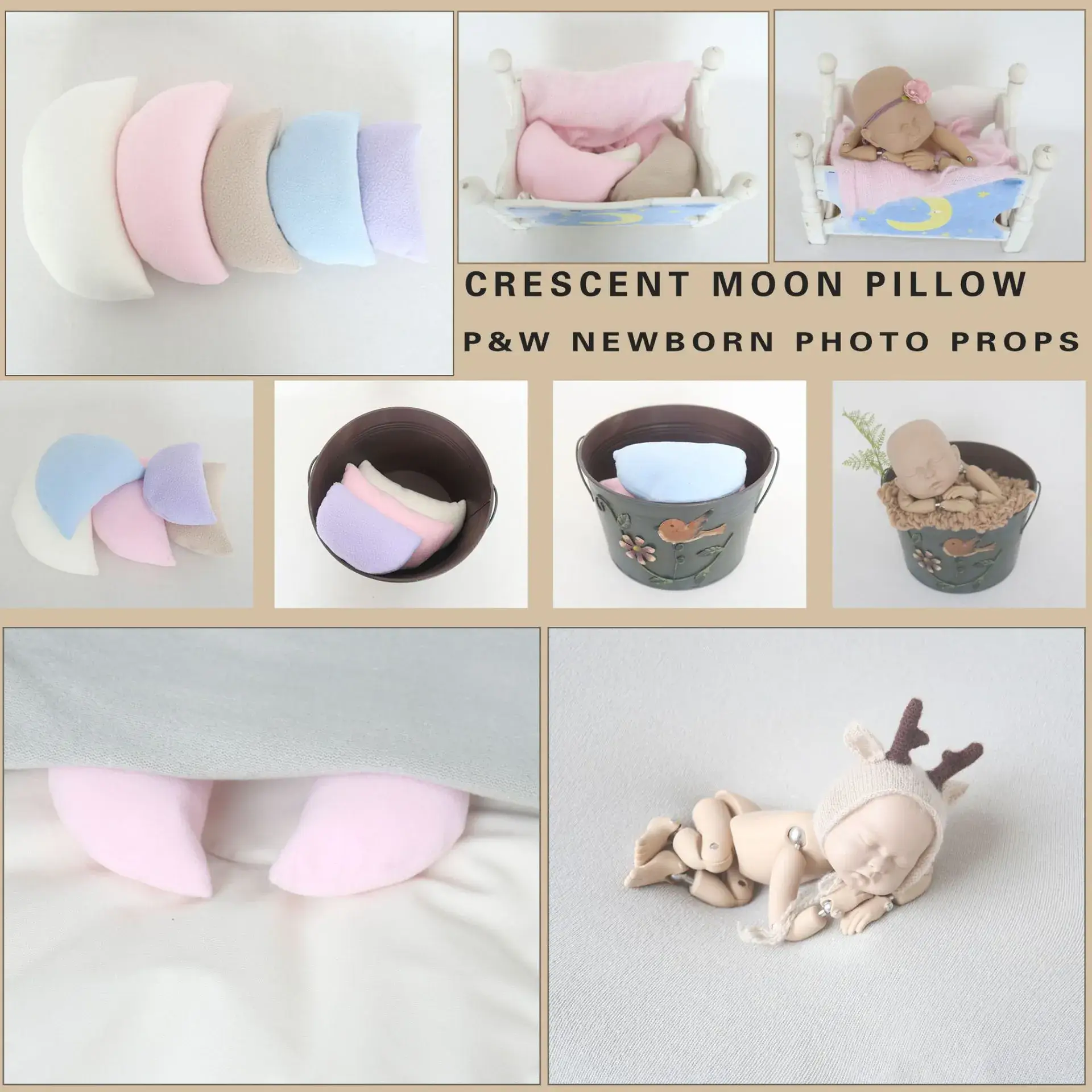 Newborn Baby Photography Props Set of 5 Crescent Pillow Size - Image 5