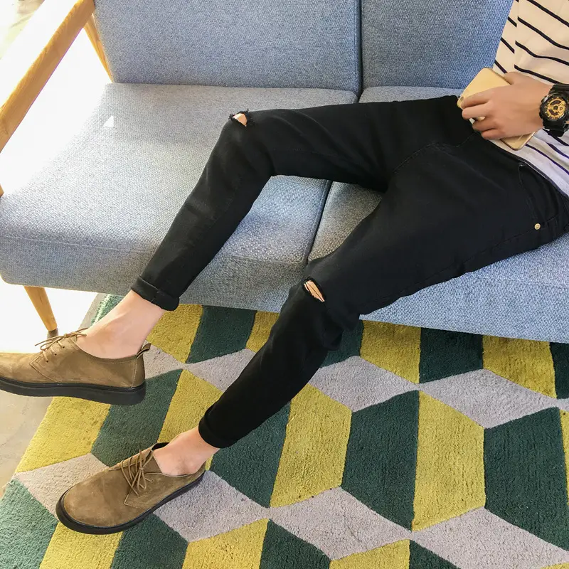Summer Men's Ripped Skinny Trousers Slim Fit Solid Color