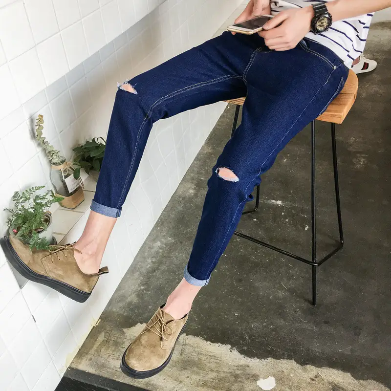 Summer Men's Ripped Skinny Trousers Slim Fit Solid Color