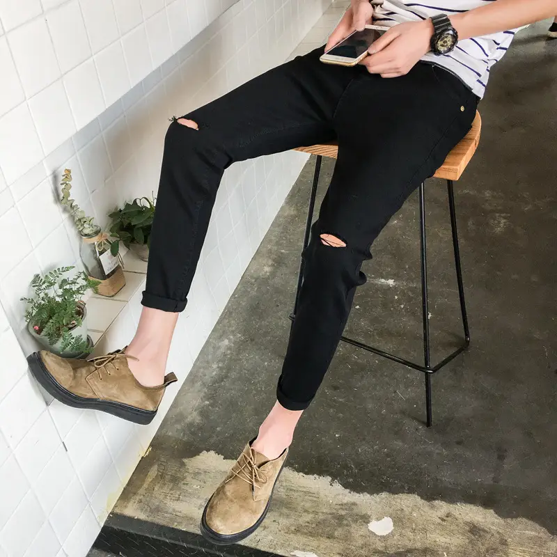 Summer Men's Ripped Skinny Trousers Slim Fit Solid Color