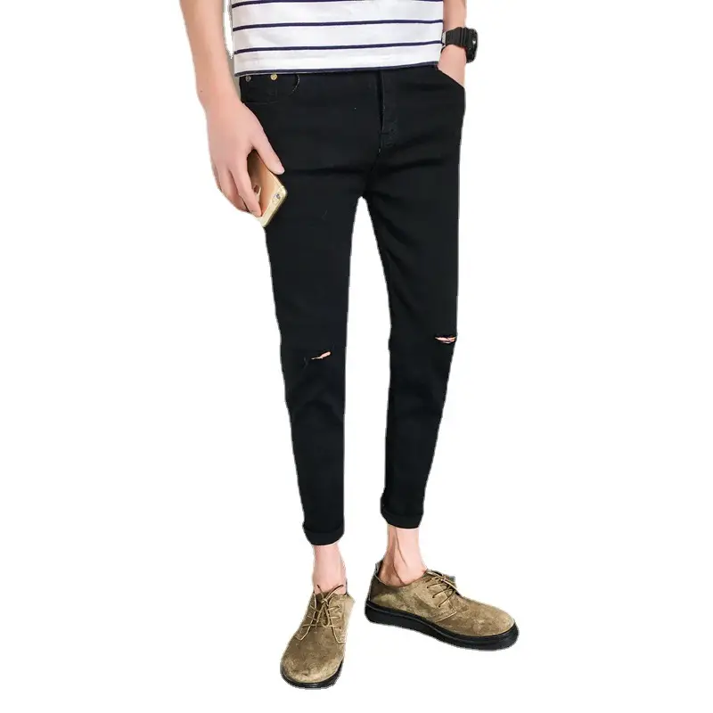 Summer Men's Ripped Skinny Trousers Slim Fit Solid Color