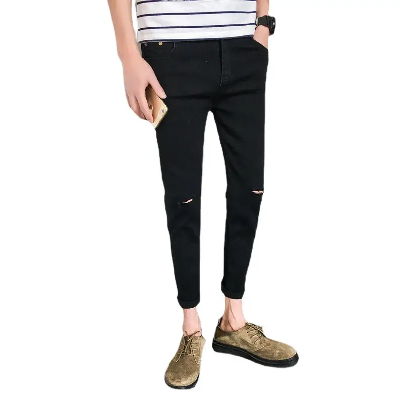 Summer Men's Ripped Skinny Trousers Slim Fit Solid Color