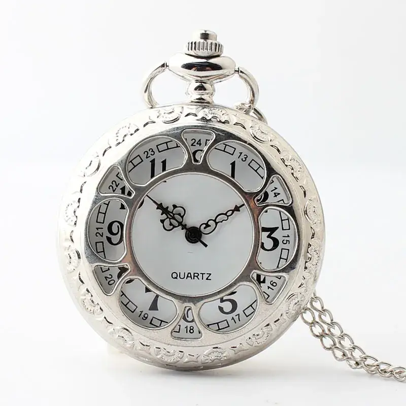 Silver Quartz Pocket Watch with Roman Numeral and Chain