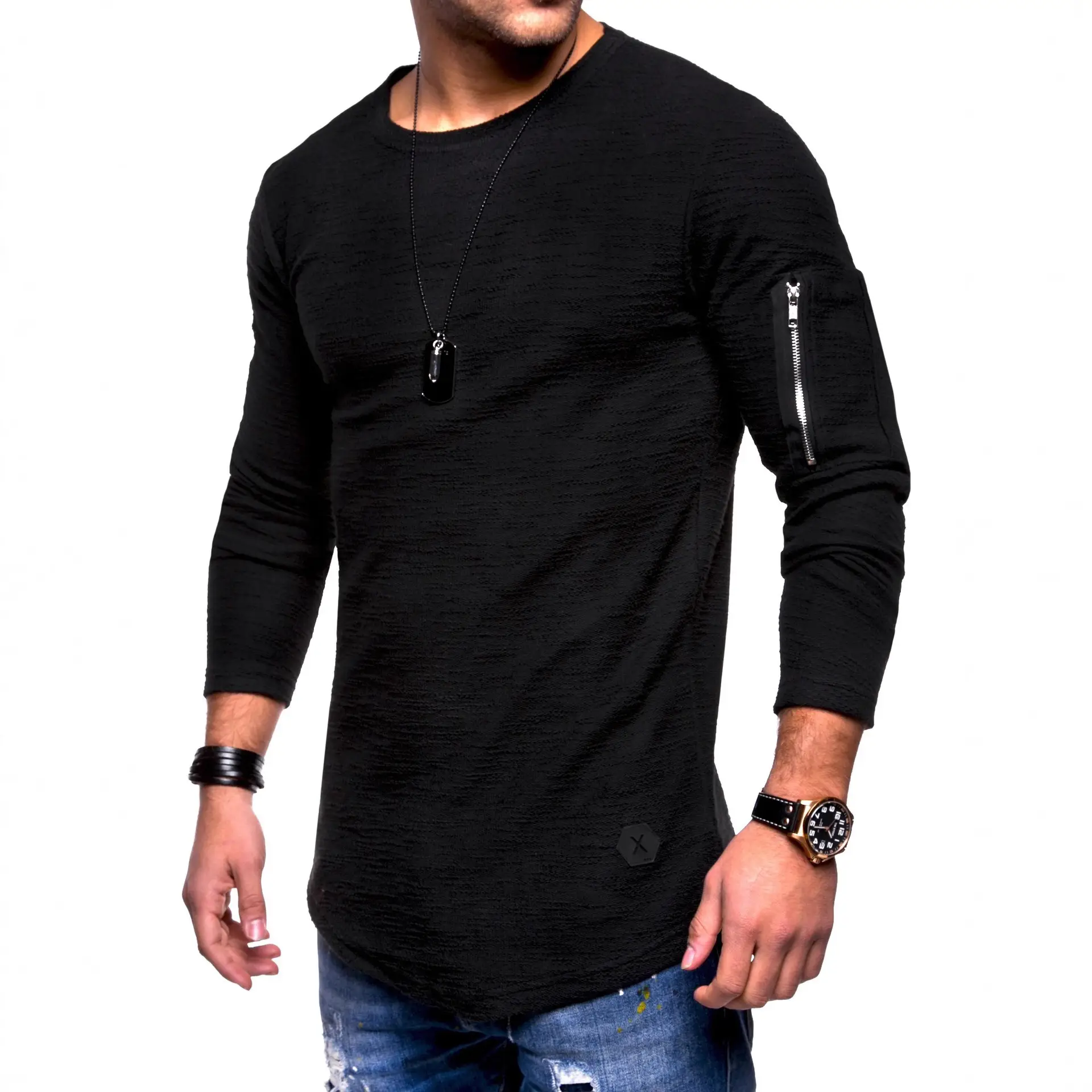Men Olive Green Long Sleeve T-Shirt with Zipper Arm Detail