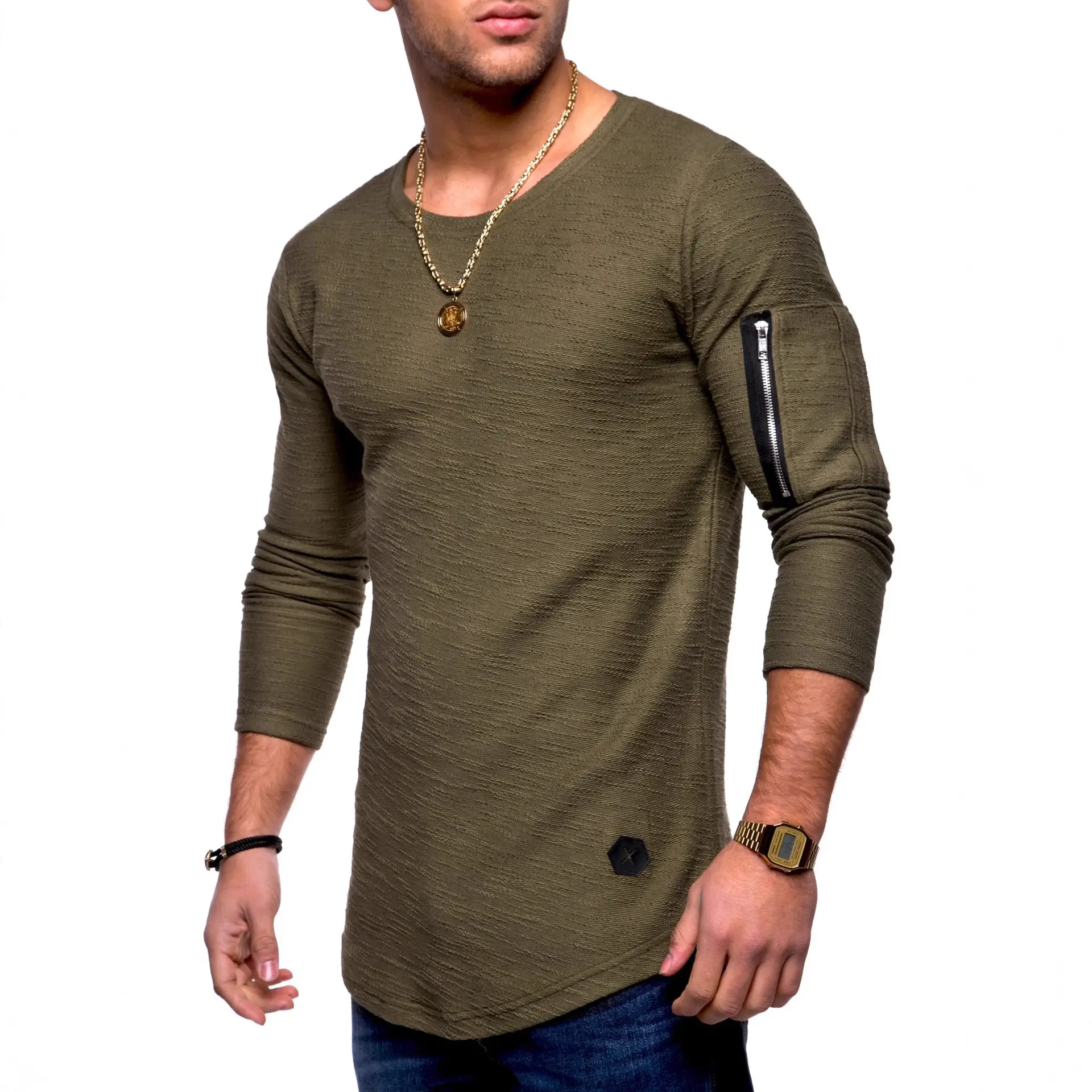 Men Olive Green Long Sleeve T-Shirt with Zipper Arm Detail