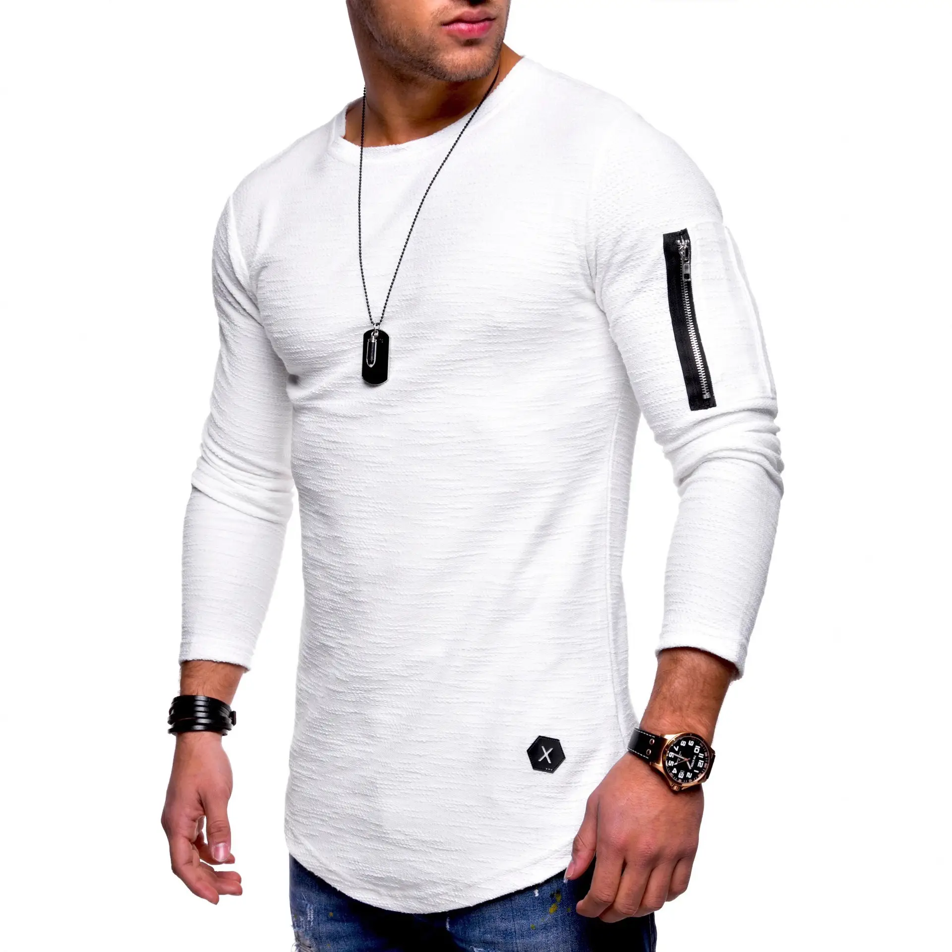 Men Olive Green Long Sleeve T-Shirt with Zipper Arm Detail