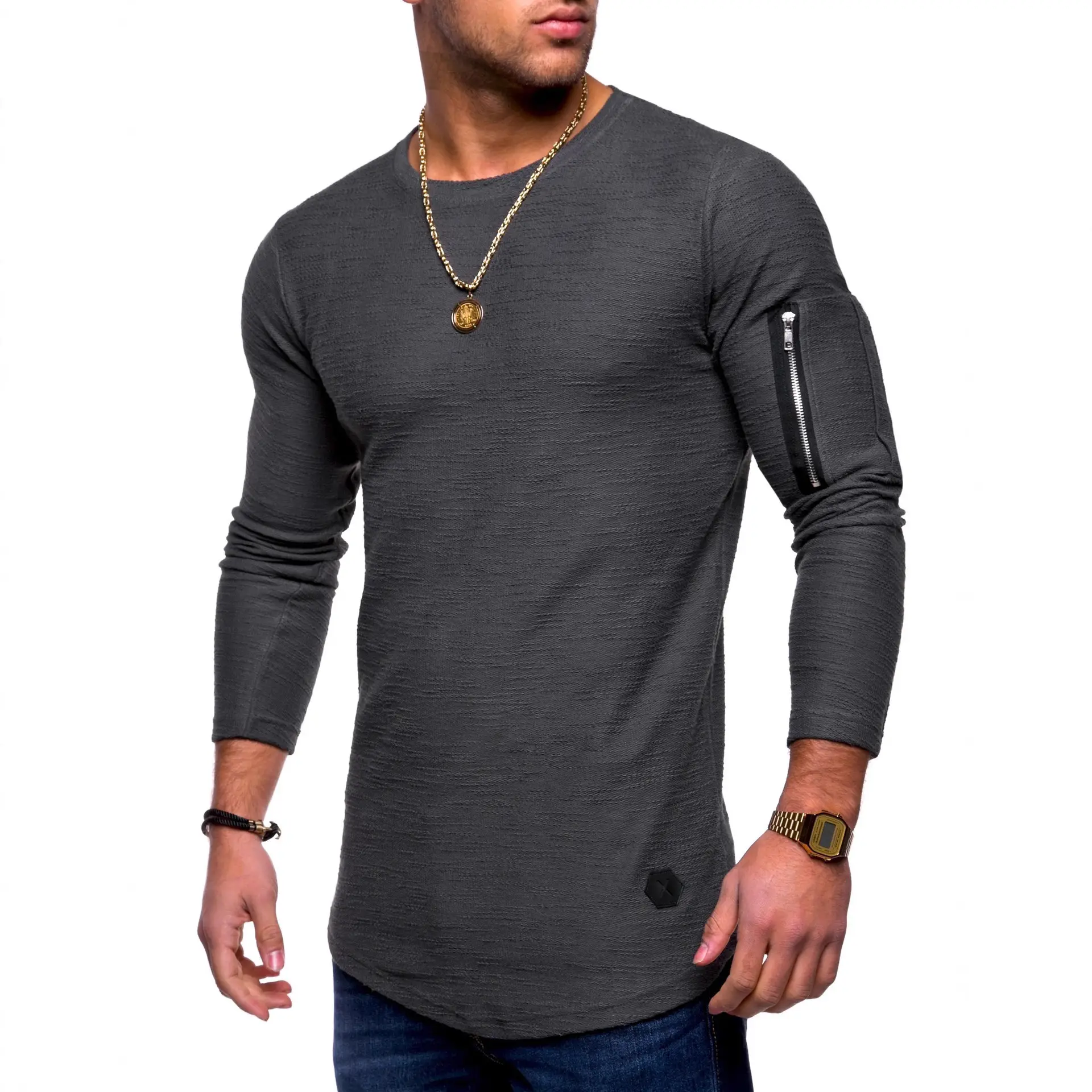 Men Olive Green Long Sleeve T-Shirt with Zipper Arm Detail