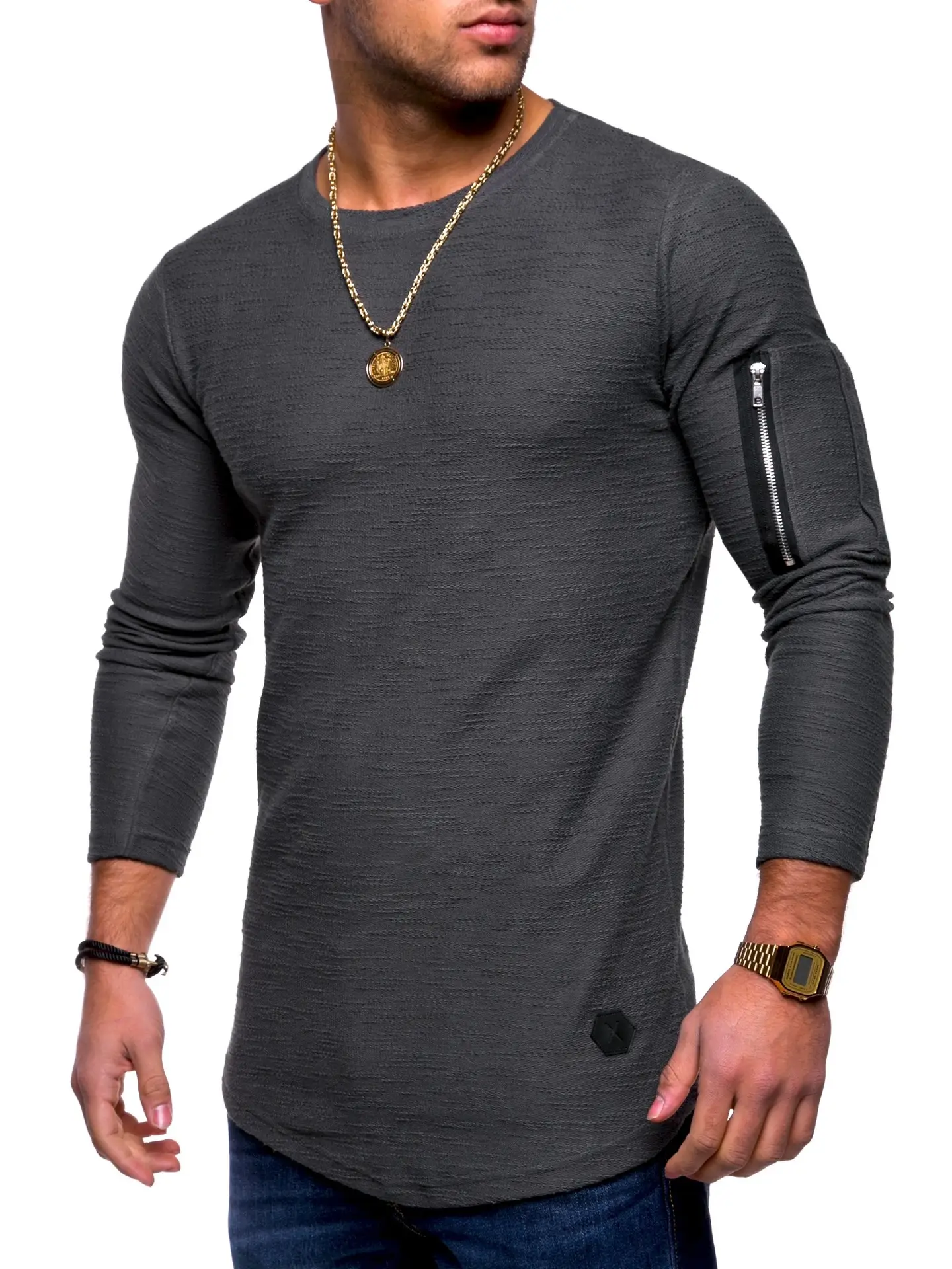 Men Olive Green Long Sleeve T-Shirt with Zipper Arm Detail