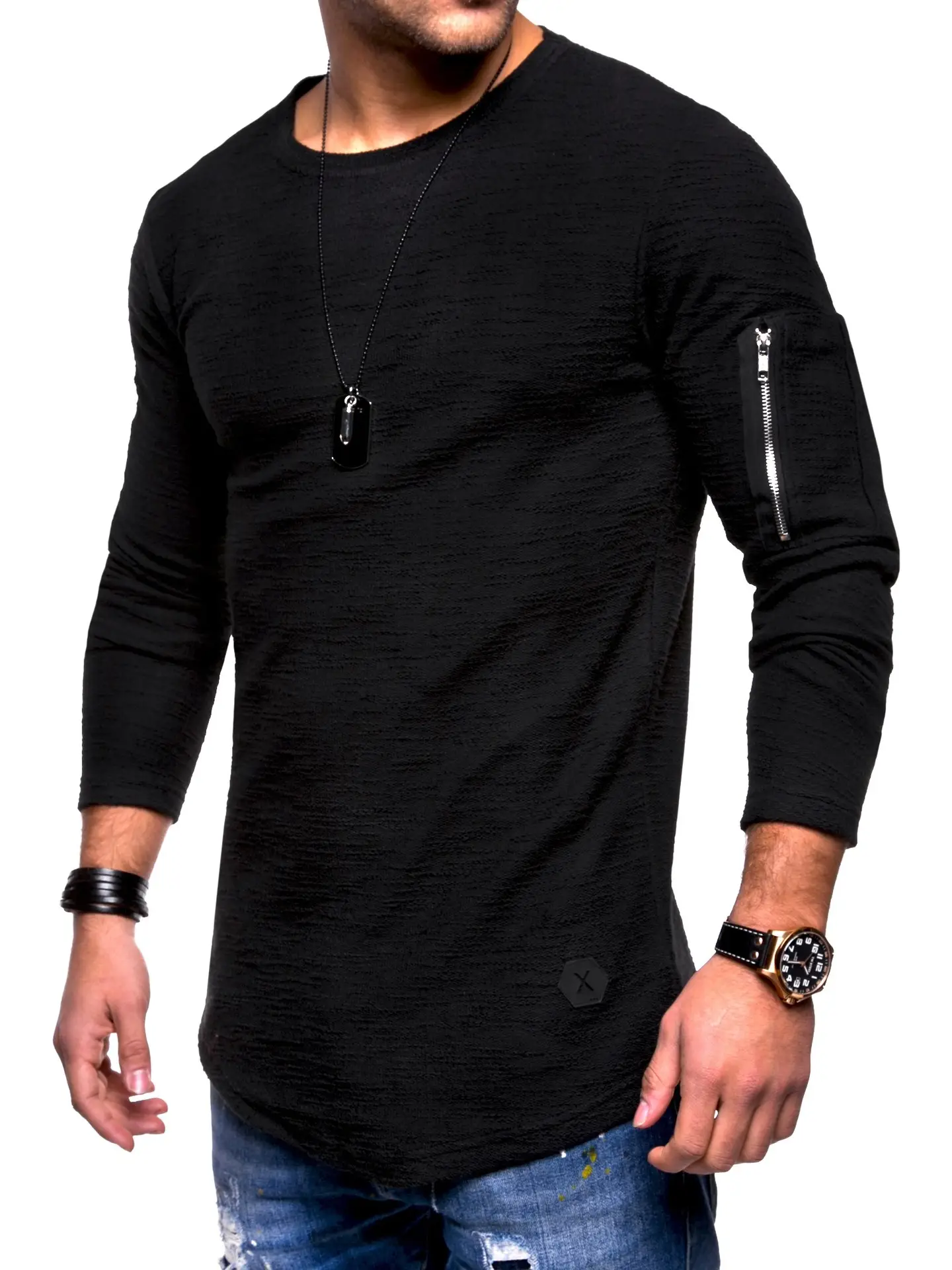 Men Olive Green Long Sleeve T-Shirt with Zipper Arm Detail