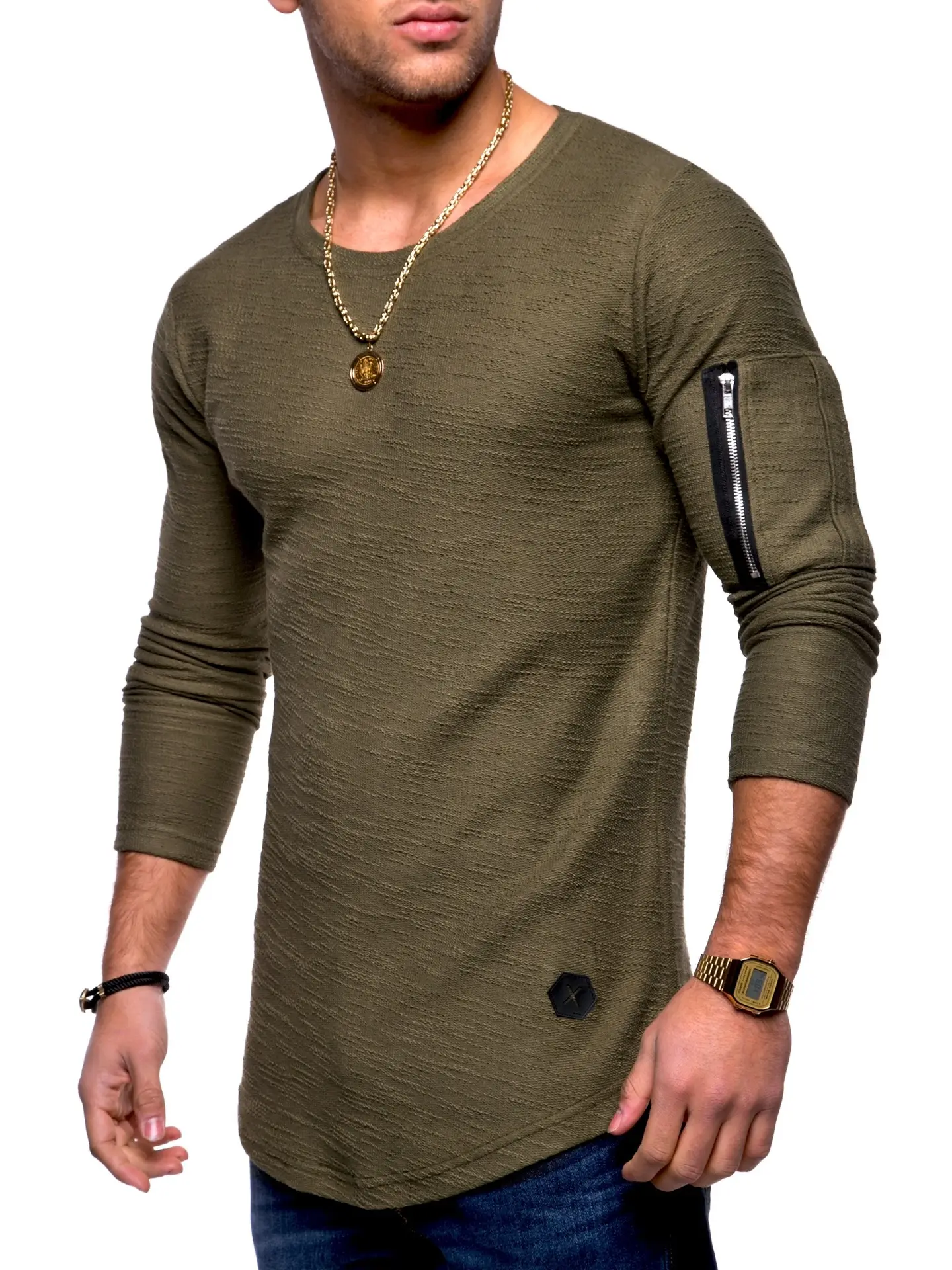 Men Olive Green Long Sleeve T-Shirt with Zipper Arm Detail