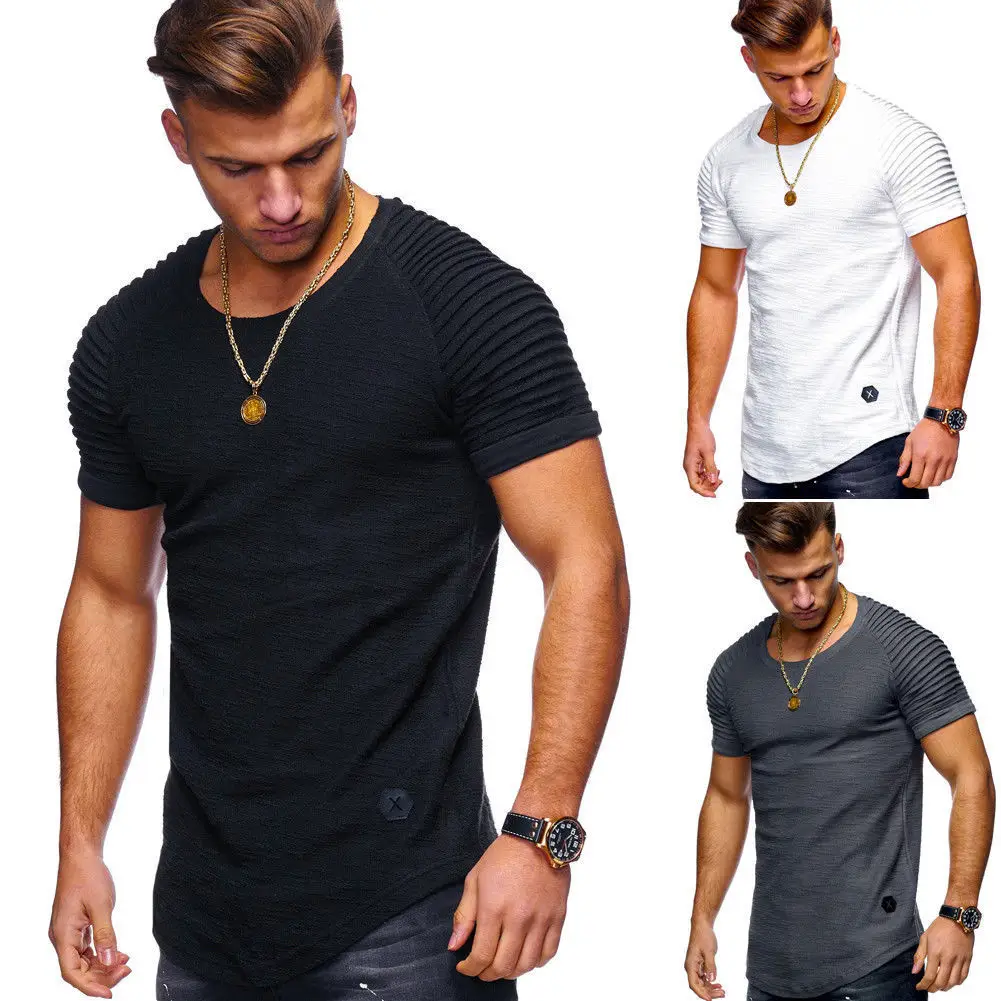 Men Striped Pleated T-Shirt Grey Slim Fit