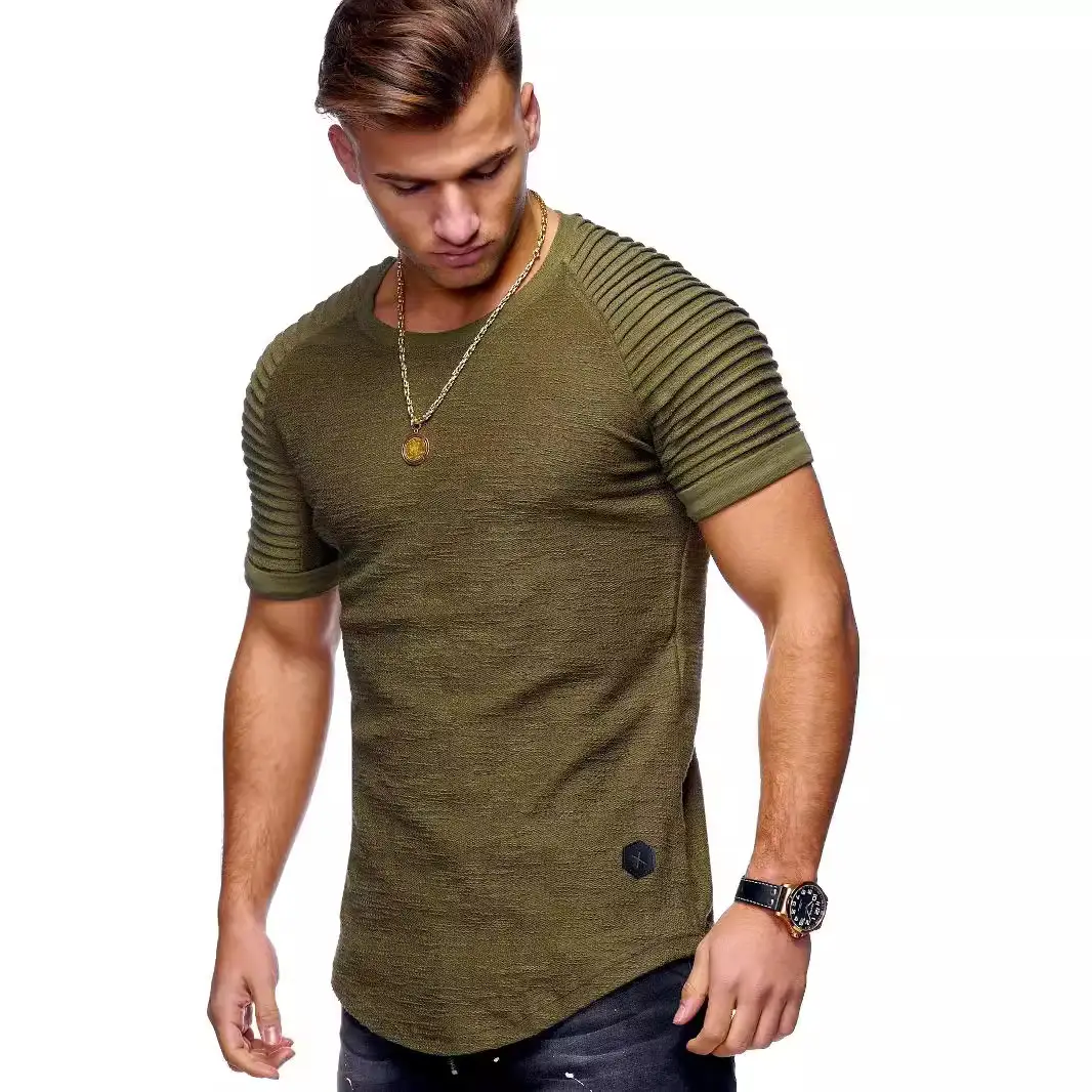 Men Striped Pleated T-Shirt Grey Slim Fit