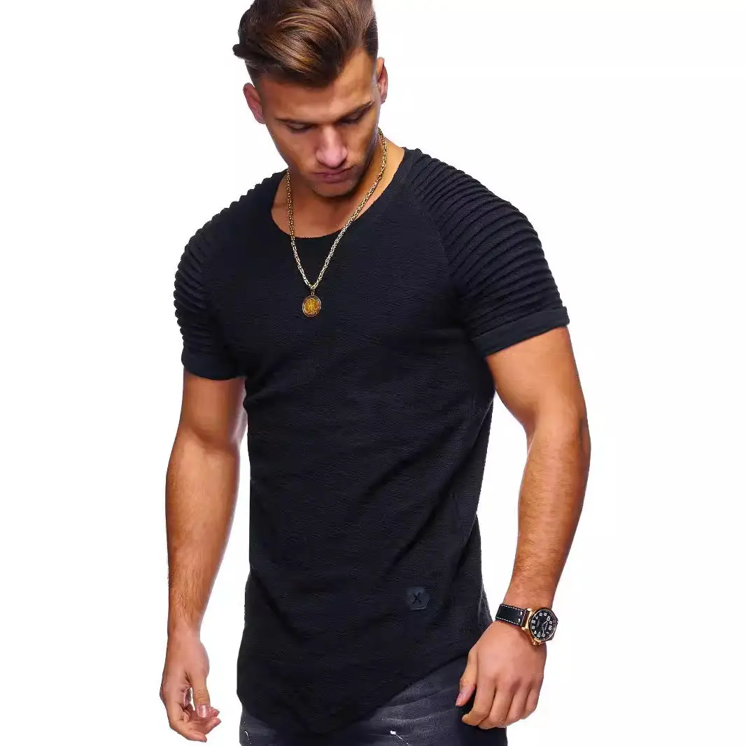 Men Striped Pleated T-Shirt Grey Slim Fit