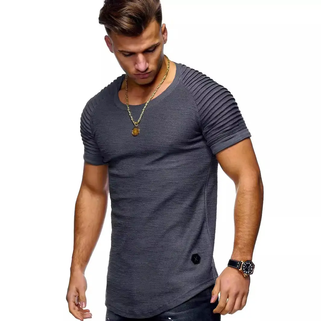 Men Striped Pleated T-Shirt Grey Slim Fit
