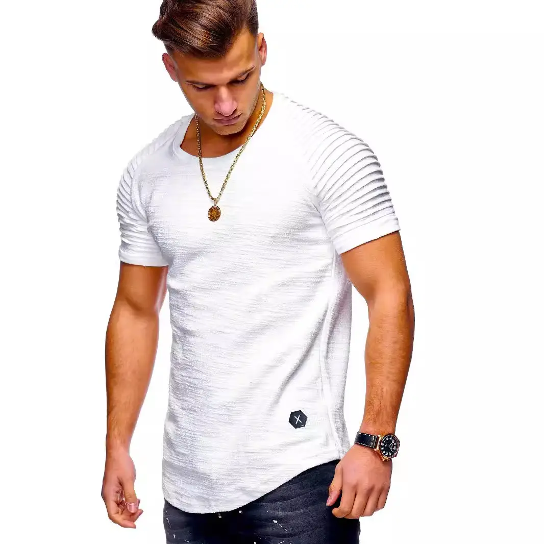 Men Striped Pleated T-Shirt Grey Slim Fit