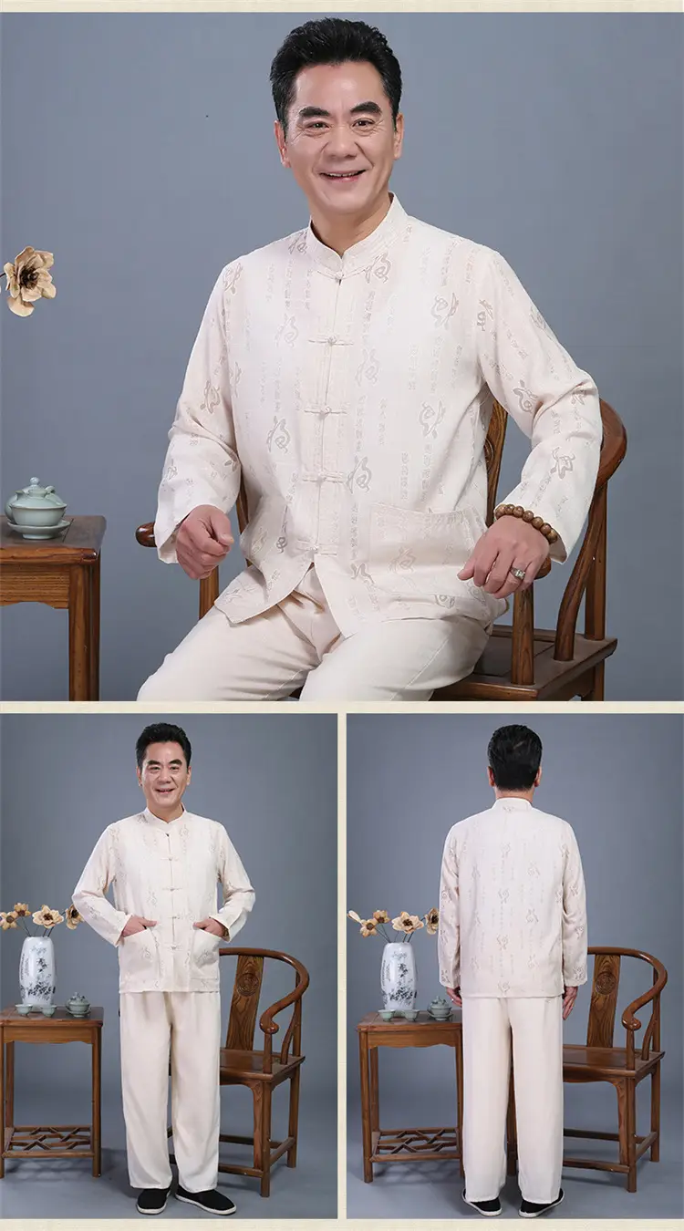 Men Chinese Style Long Sleeve Suit Light Blue Elderly Casual — feature 6